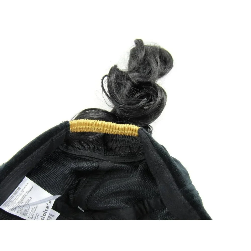 Baseball Hat with Brunette Faux Hair Black & Gold Cat Girls Cap One Size New